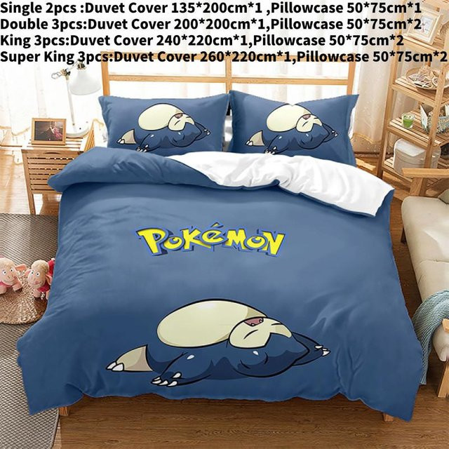 Pokemon Relaxo Bettwäsche-Set mit 3D-Digitaldruck und Cartoon-Muster in Blau, bestehend aus Bettbezug und Kissenbezügen, Material Polyester, B/H: 200 x 200 cm sowie 135 x 200 cm - Bild 1