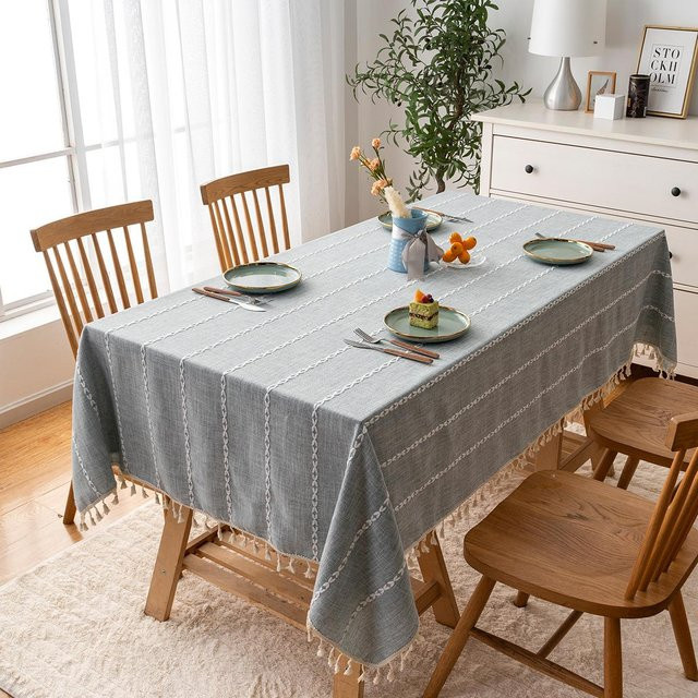 JINGYUE Pet Tischdecke aus Baumwoll-Leinen mit Streifen-Stickerei in Grau, quadratisch, B/B: 140 x 140 cm - Bild 1