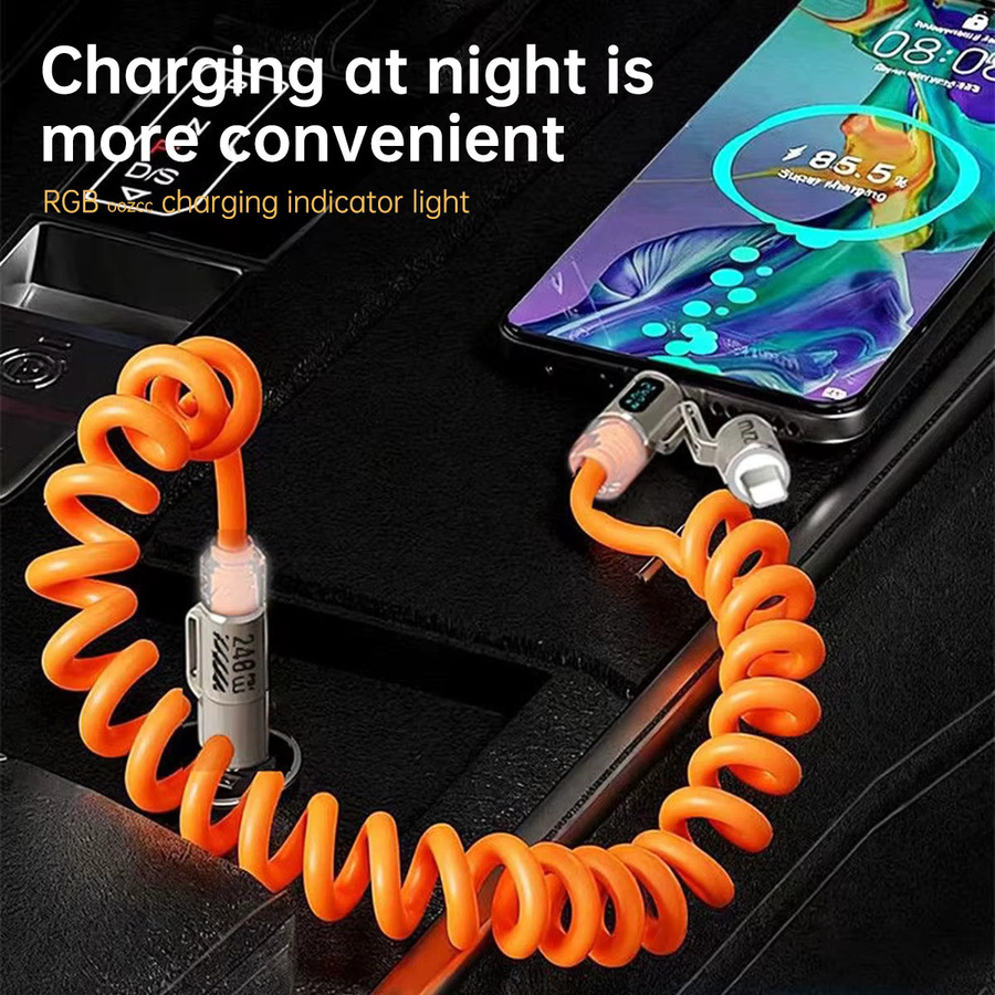 Setolgh 4-in-1 Spiralkabel mit LCD Dynamischem Display und 240W Schnellladefunktion, einziehbares USB-C Autokabel in Orange für iPhone und Samsung Galaxy, Farbe: Orange - Bild 4