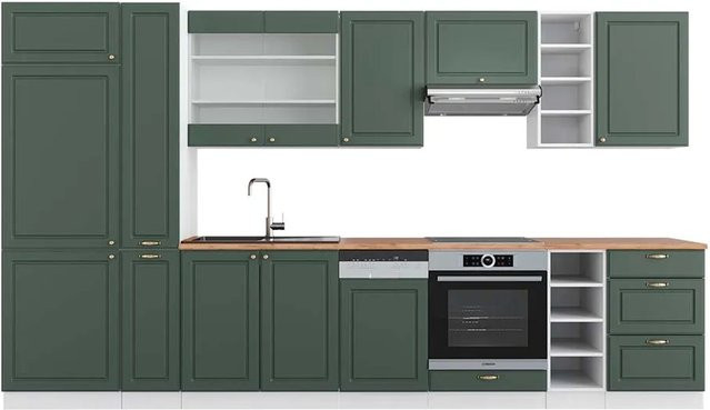 Vicco Fame-Line Küchenzeile Landhaus Stil in Grün-Gold und Weiß mit Eiche Optik, Breite: 355 cm - Bild 1