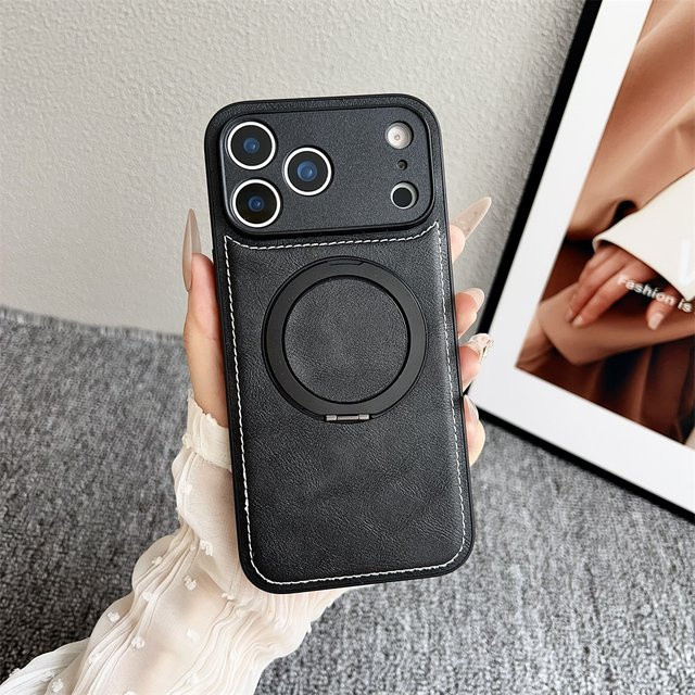 Magnetische Lederhülle in Weiß für iPhone 17 Air 16 15 14 13 12 Pro Max Plus mit 360 Grad drehbarem Metallringständer und MagSafe-Kompatibilität - Bild 1