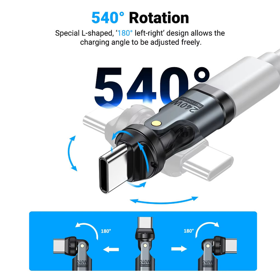 AUFU 240W USB-C Adapter mit 5A Schnellladefunktion, rotierbarer USBC-Stecker auf Typ-C Buchse Konverter in Schwarz für iPhone, Laptop und Macbook - Bild 3