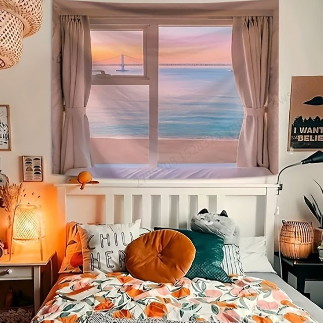 VIKAMA Wandteppich mit Meereslandschaft und Sonnenuntergang in Rosa-Lila, dekorativer Textil-Wandteppich für deine Wandgestaltung, 75 x 75 cm - Bild 1