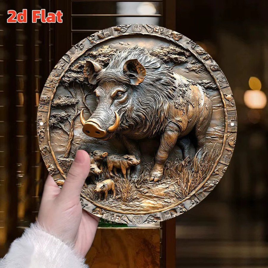 HELLOYOUNG Wildschwein Wandkunst aus Metall, 2D Tier-Skulptur in runder Form für Innen- und Außenbereich, Durchmesser: 20 cm - Bild 2