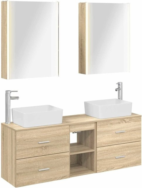 vidaXL Badezimmermöbel-Set 5-teilig in Sonoma-Eiche mit Glasfronten und LED-Beleuchtung, Farbe: Braun - Bild 1