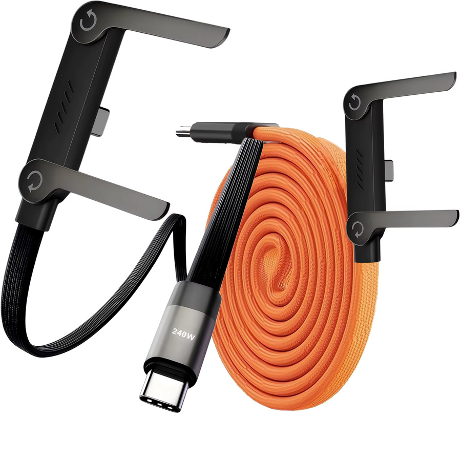 BESY 2-in-1 Schnellladekabel Typ-C zu Typ-C mit faltbarer Halterung für Telefon und Tablet, 240W, Schwarz/Orange - Bild 3