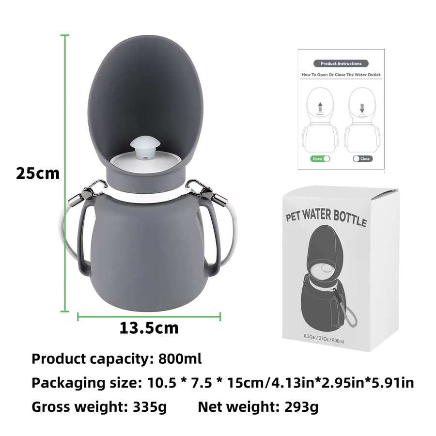 ZHUOJI Tragbare faltbare Haustier-Wasserflasche aus Silikon in Grau mit auslaufsicherem Drucktrink-Design für Outdoor-Reisen - Bild 4