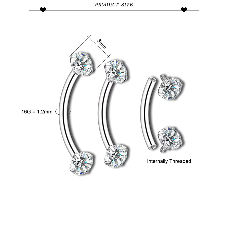 mling Piercing Gebogener Barbell, Edelstahl, Zirkonia, Silber, Unisex - Bild 2