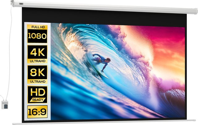 HOMCOM Elektrische Projektionsleinwand 100 Zoll mit Fernbedienung, 16:9 Format, HD 4K Unterstützung, Weiß, B: 221 cm, H: 125 cm - Bild 1
