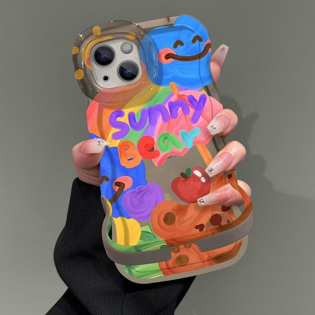 BC Electrical Appliances Handyhülle mit Graffiti Bär und Regenbogen Ente Design für Apple iPhone 16, 15 Pro Max, 14 und 13 in Pink und Multicolour mit Doppelständer - Bild 1