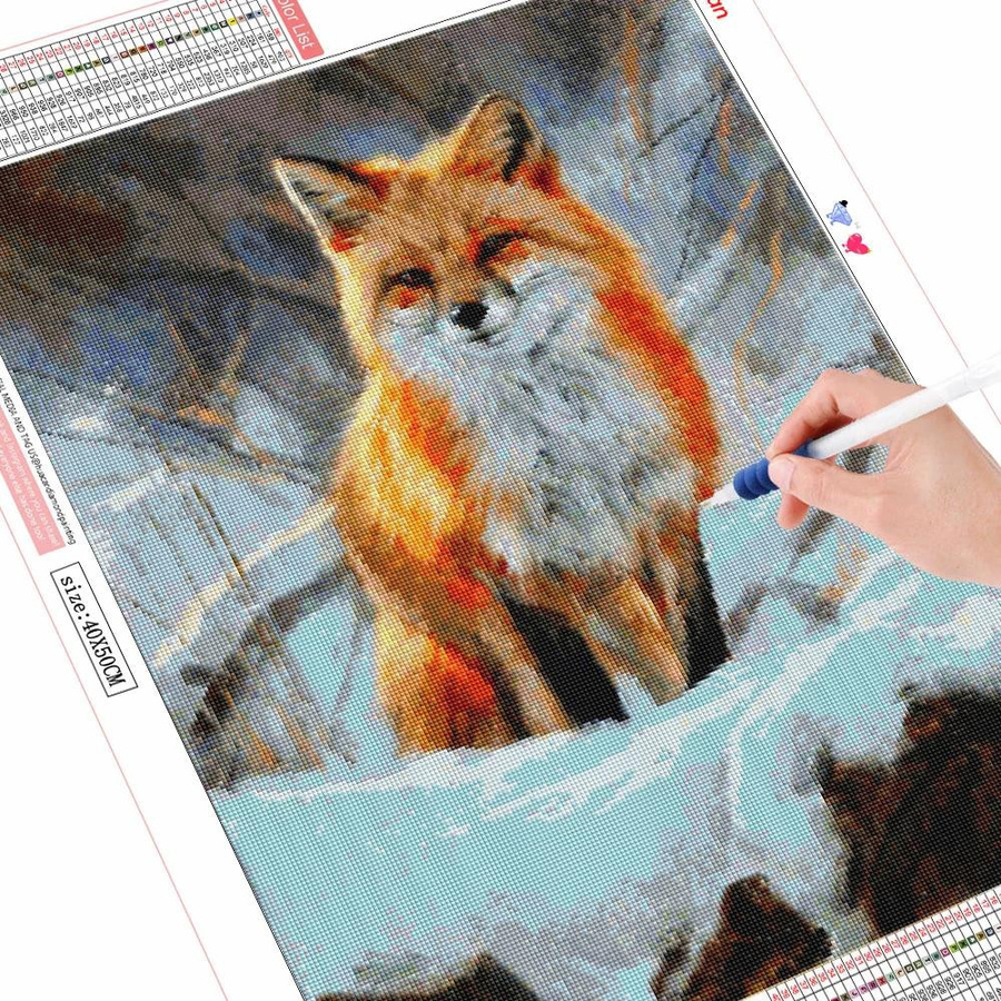FIYO Diamant-Stickerei Set Winterfuchs 5D-DIY-Mosaik mit quadratischen Steinen, Farbe: Gold, Breite: 30 cm, Höhe: 20 cm - Bild 3