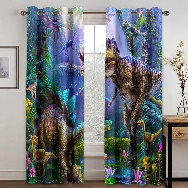 2er-Set Yiran Furniture Vorhänge mit Dinosaurier-Motiv aus Polyester, halbtransparent, Mehrfarbig, B: 110 cm, H: 214 cm - Bild 1