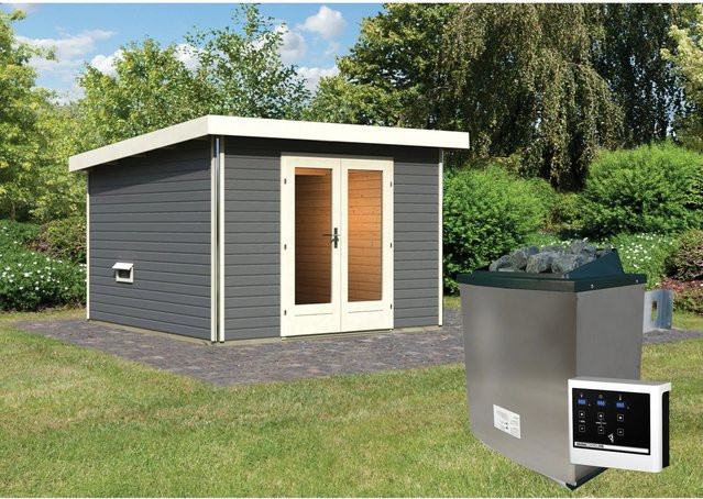 Karibu Saunahaus Magnus 1 Set B aus Fichte in Terragrau mit 9 kW Ofen und externer Steuerung - Bild 1