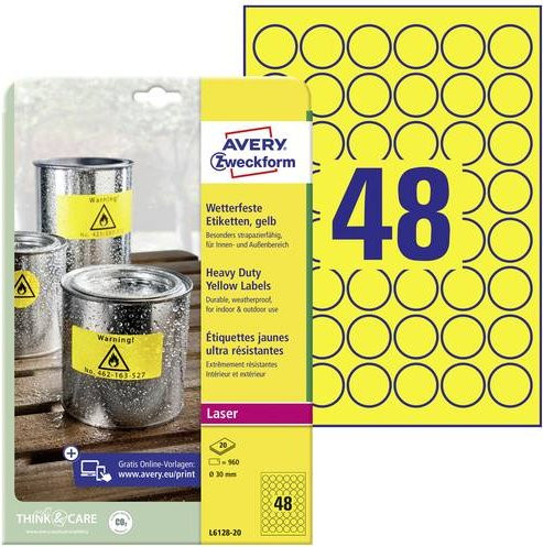 Avery Zweckform L6128-20 Wetterfeste Folien-Etiketten Gelb, Ø 30 mm, Permanent haftend, 960 Stück - Bild 1