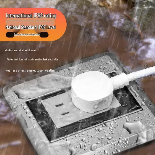 JDST SELECTION Einbau-Bodensteckdose mit 5-Loch Edelstahl Klappdeckel in Silber, IP68 wasserdicht, CN-Stecker inklusive Adapter - Bild 1