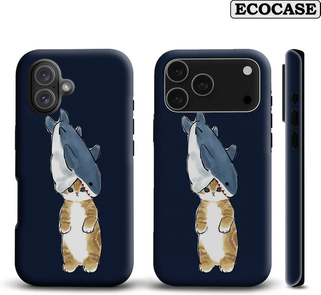 Potdemiel Handyhülle Shark Hat Tabby Cat für iPhone 17 16 15 14 13 Pro Max Plus mit doppelschichtiger Rückseite in Blau - Bild 1