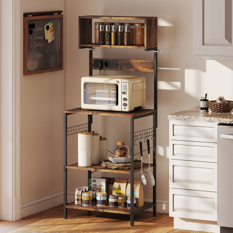 HOMCOM Küchenregal aus Stahl in Rustikal-Braun, Standregal mit 5 Ablagen, 5 S-Haken und integrierter Steckdose, Kaffeebar im Industriestil, B/T/H: 60 x 42 x 153 cm - Bild 2