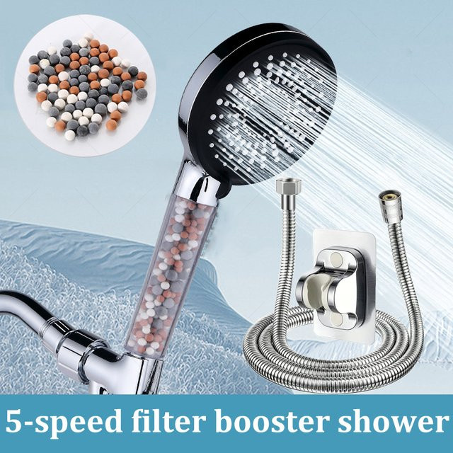 Duschkopf-Set mit 5-Gang-Wassereinstellung und Negativ-Ionen-Hochdruckfunktion zur Wasserenthärtung in Silber Chrome Round - Bild 1