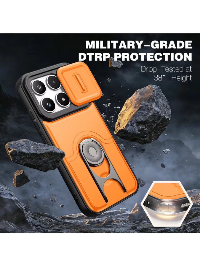 Stoßfeste Handyhülle mit 360 Grad drehbarem Ringhalter und Schiebe-Kameraschutz für Xiaomi 17T Pro und Xiaomi 15T Pro in Silver oder Orange - Bild 4