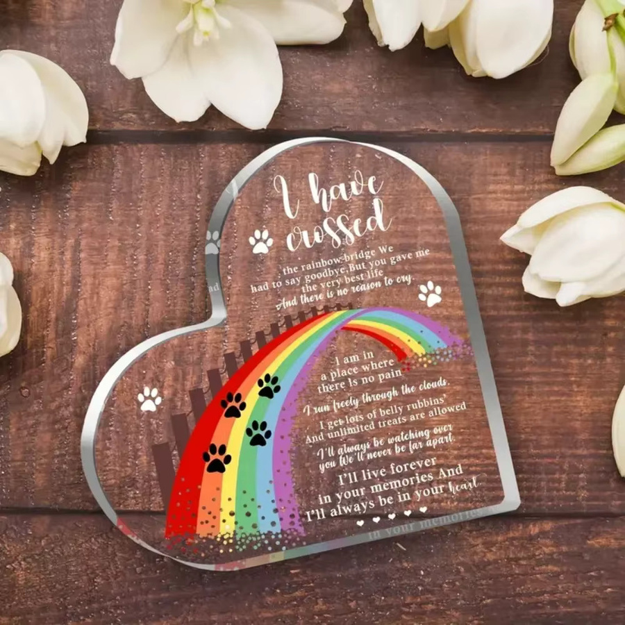 CIFBUY Regenbogenbrücke Haustier-Gedenkherz aus Acryl in Mehrfarbig mit Pfotenabdruck und Schmetterling als Beileidspräsent für Katzen und Hunde - Bild 2