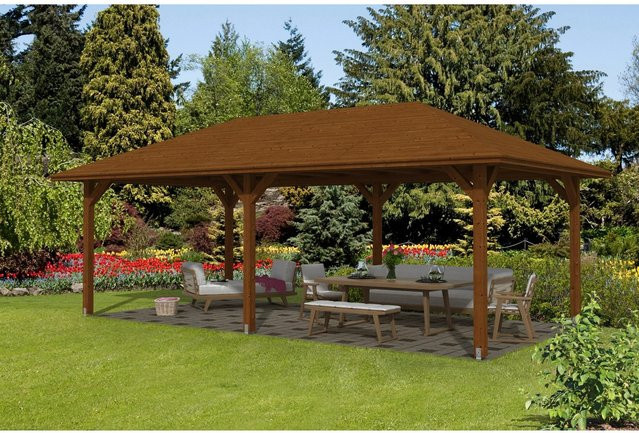 Skan Holz Pavillon Orleans 2 aus Fichten-Leimholz in Nussbaum braun lasiert, Breite: 359 cm, Tiefe: 706 cm - Bild 1