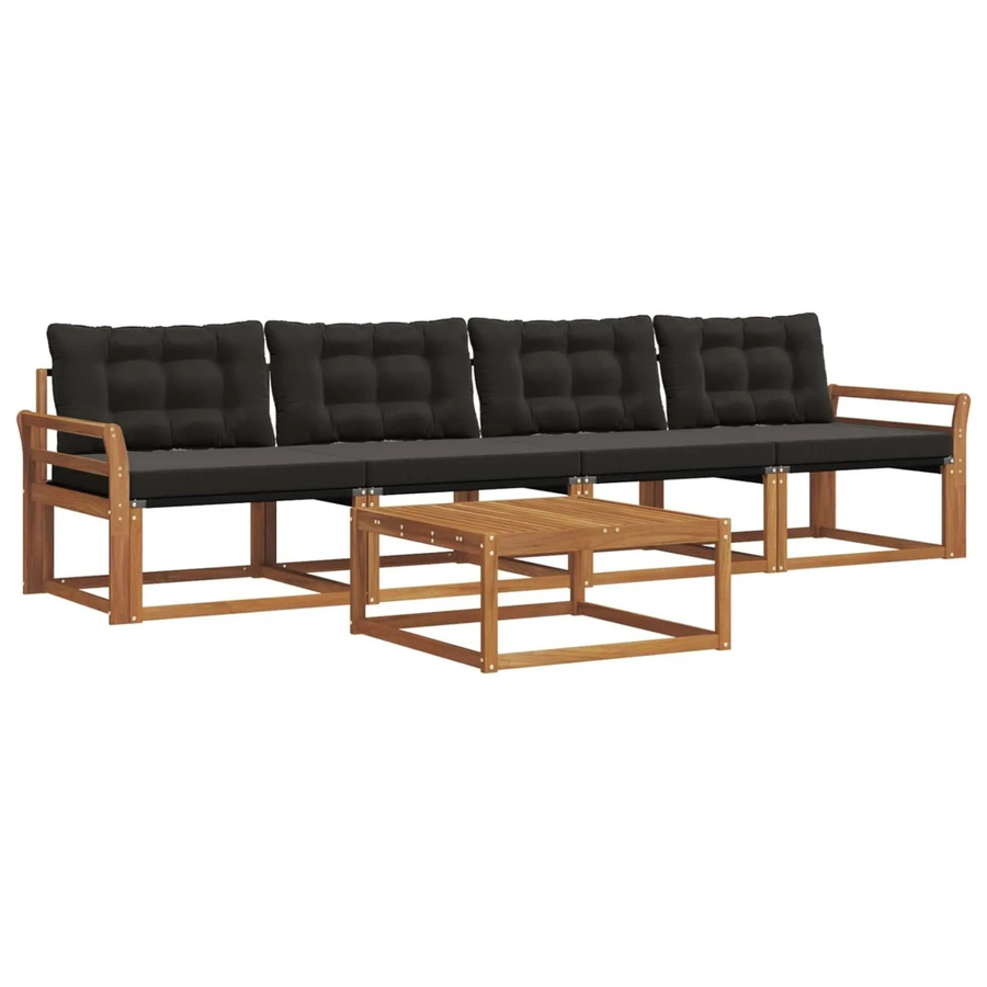vidaXL Outdoor-Sofagarnitur 5-tlg. aus massivem Akazienholz mit Textilene und Kissen in Natur und Schwarz - Bild 2