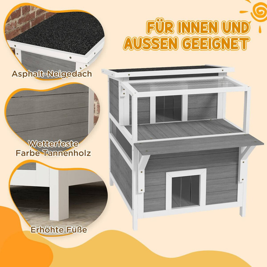 PawHut Katzenhöhle aus Tannenholz und Kunststoff, wetterfeste Katzenhütte für den Garten mit abnehmbarem Dach und erhöhtem Boden, Hellgrau, B/H/T: 87 x 76 x 64 cm, Aosom - Bild 3