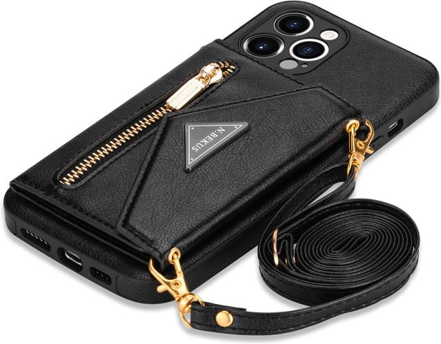 Yiran Crossbody-Lederhülle für iPhone 16 Plus mit Reißverschluss, Kartenhalter und Umhängeband, Farbe: Schwarz - Bild 1