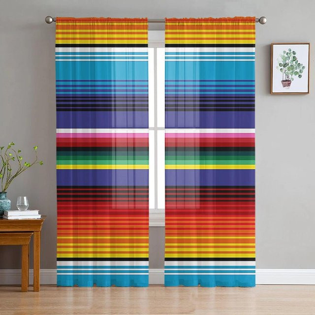 A Family Of Home Textiles Mexikanischer Tüllvorhang mit bunten Streifen, transparent, B/H: 135 x 160 cm - Bild 1