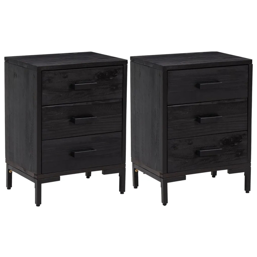 vidaXL Nachttische 2er Set Schwarz aus Massivholz Kiefer mit Schubladen B/T/H: 40 x 30 x 55 cm - Bild 2