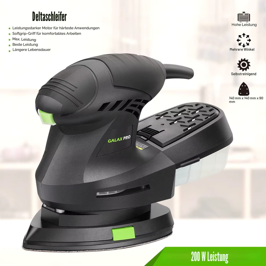 GALAX PRO Elektrischer Detail-Schleifer 200W mit 12000 OPM und Staubabsaugung in Grün-Schwarz inklusive 10 Stück Schleifpapier - Bild 4
