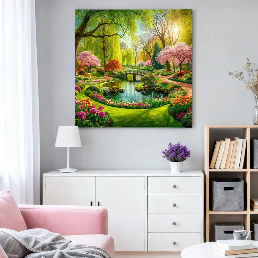 HUACAN 5D Diamantmalerei Gartenlandschaft als Mosaik-Stickerei in Mehrfarben, Wandbild mit Naturmotiv und floralen Elementen - Bild 3