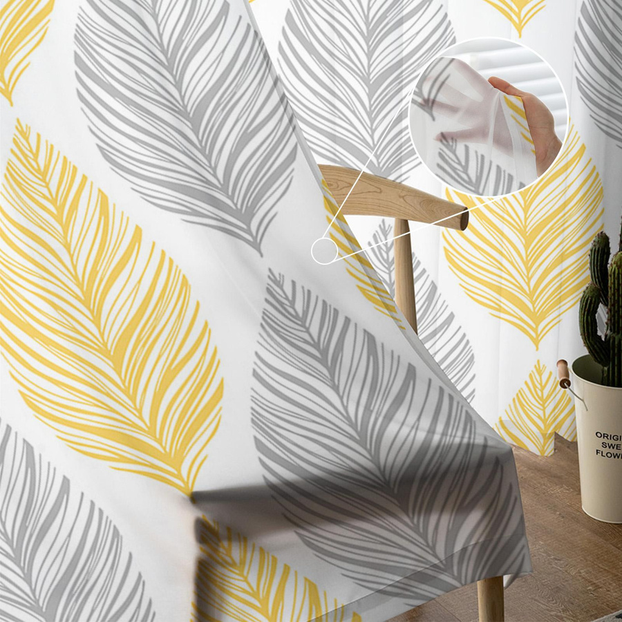 A Family Of Home Textiles Transparente Chiffon Tüll Vorhänge mit Blatt Textur in Gelb und Grau, B: 135 cm, H: 114 cm, 2er Set - Bild 2