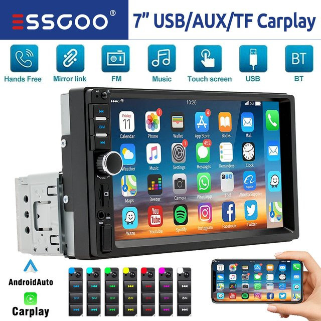 ESSGOO Universal Autoradio mit 7 Zoll HD-Touchscreen, Carplay, Android Auto, Bluetooth, FM, TF, USB, AUX und Mirror Link in Schwarz - Bild 1
