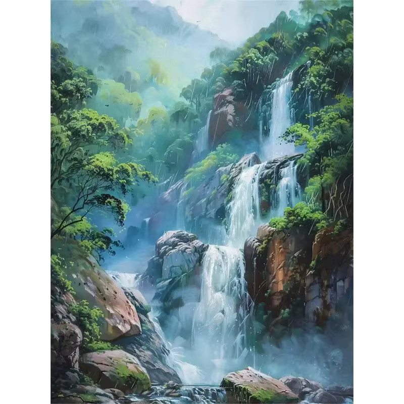 Sdoyuno Diamantmalerei Wald Wasserfall Landschaft als Mosaik-Bild mit Strass-Stickerei, Mehrfarbig, B/H: 30 x 20 cm - Bild 2