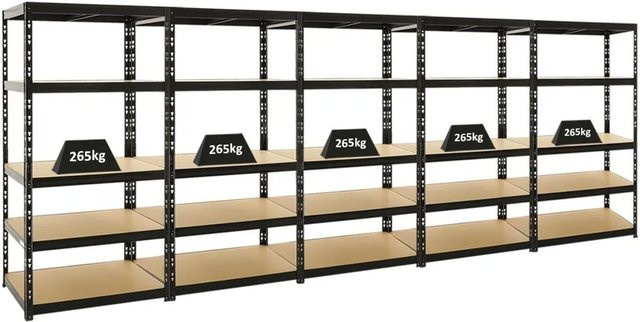 5er Set PROREGAL Schwerlastregal Tiger, 5-Ebenen, Schwarz, H x B x T: 180 x 90 x 45 cm - Bild 1