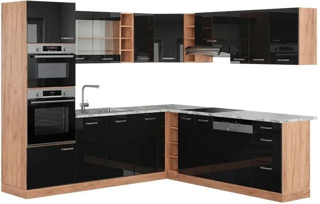 Vicco R-Line Eckküche Schwarz Hochglanz und Goldkraft Eiche mit Marmor-Optik B/T/H: 237 x 247 cm - Bild 1