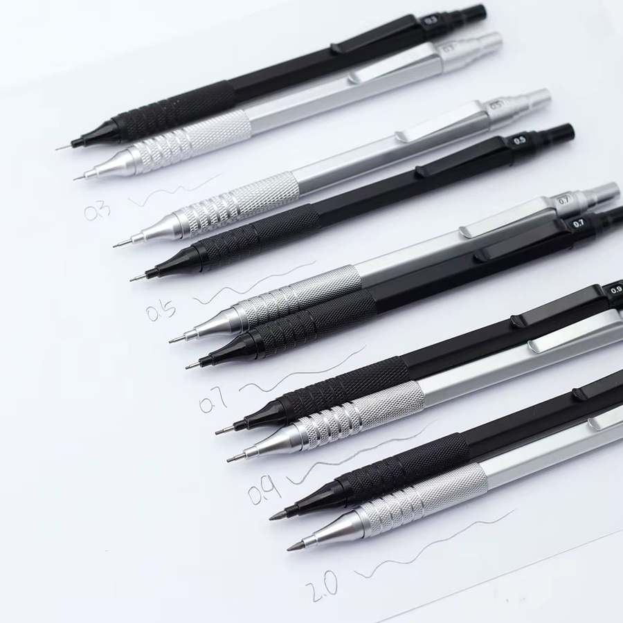 MROOFUL Mechanisches Bleistift Set aus Metall in Schwarz und Silber, 5-teiliges Set mit 0,5-2,0mm Graphitminen HB für Kunst und Skizzen - Bild 5