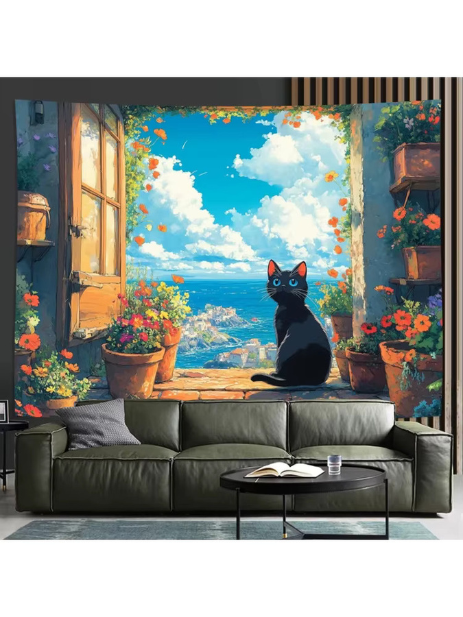 VIKAMA 3D-Wandteppich mit schwarzer Katze und Wellenmotiv in Schwarz und Multicolour, B/H: 70 x 70 cm - Bild 4