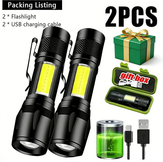 BALDR Mini-LED-Taschenlampe mit COB und XPE, tragbare taktische Taschenlampe mit USB-Aufladung, zoombarem Fokuslicht und Stiftclip, Schwarz - Bild 1