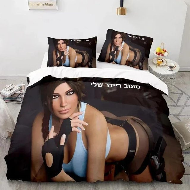 Tomb Raider Bettwäsche Set mit 3D-Druck in Blau, bestehend aus Bettbezug und Kissenbezug, Breite: 70 cm, Länge: 133 cm - Bild 1