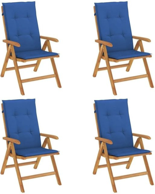vidaXL Gartenstühle Set aus Teakholz mit blauen Kissen, 4er Set mit Armlehnen - Bild 1