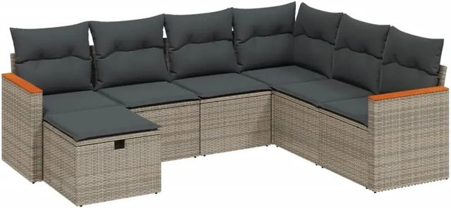 vidaXL 7-tlg Garten-Sofagarnitur aus Poly Rattan in Grau mit Kissen und Ottomane - Bild 1