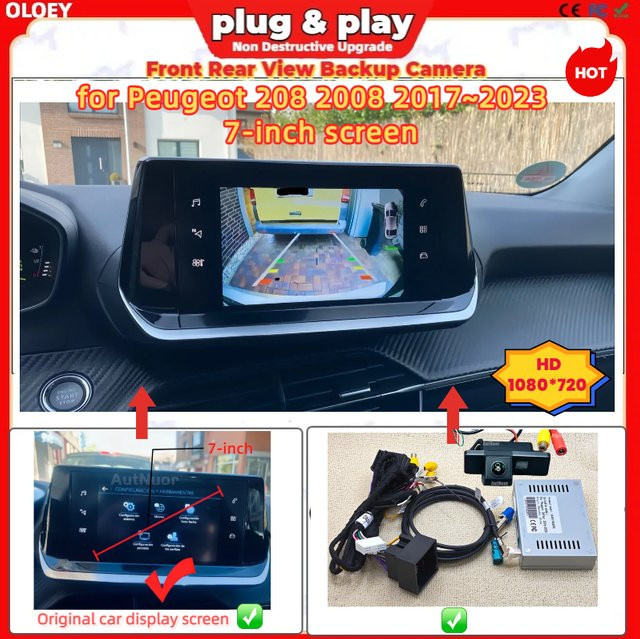 OLOEY Rückfahrkamera Set für Peugeot 208 und 2008 (2017-2023) mit 7 Zoll OEM-Bildschirm-Upgrade und Frontkamera in Schwarz - Bild 1