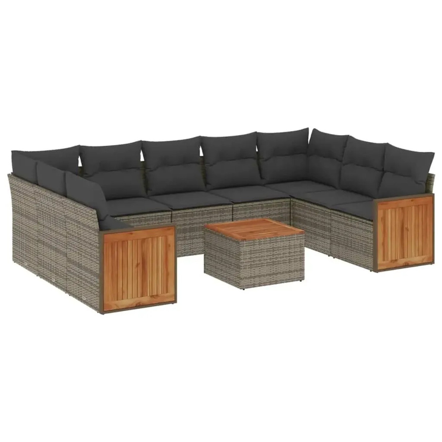 vidaXL 10-teilige Garten-Sofagarnitur in L-Form aus Poly-Rattan und Akazienholz mit Kissen in Grau - Bild 2