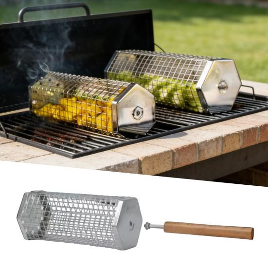 VividHive Edelstahl-Roll-Grillkorb mit Holzgriff in Silber, drehbarer Grillkäfig für Camping und Picknick - Bild 2