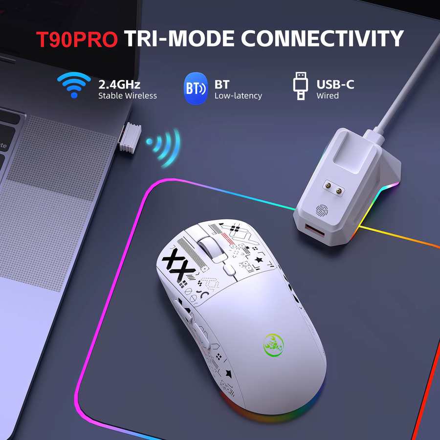 HXSJ Kabellose RGB-Gaming-Maus mit Tri-Mode-Verbindung und Magnetladebasis in Schwarz oder Weiß - Bild 2