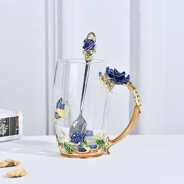 Aihogard Emaille-Tasse aus Glas mit floralem Rose- und Schmetterlings-Design in Transparent - Bild 1