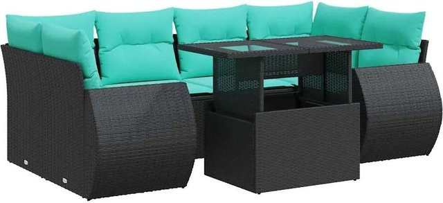vidaXL 7-teilige Garten-Sofagarnitur aus Poly-Rattan mit Kissen in Schwarz - Bild 1
