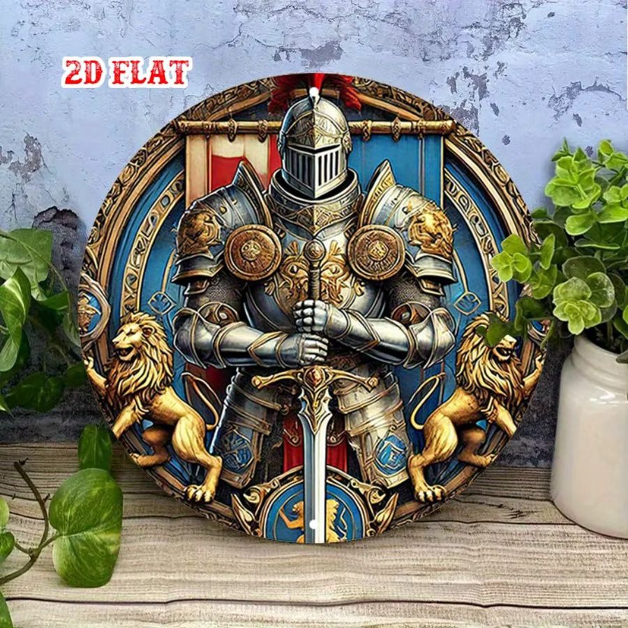 HELLOYOUNG Vintage Knightly Valor Metall-Wandkunst Aluminiumschild mit goldenen Löwen und blauem Schild, rahmenlos, B/H: 20 x 20 cm - Bild 3